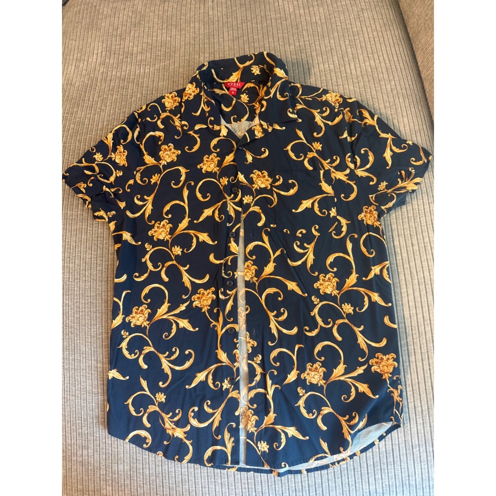 Guess Mens Navy Gold Baroque Scroll Print Short Sleeve Button Up Shirt M